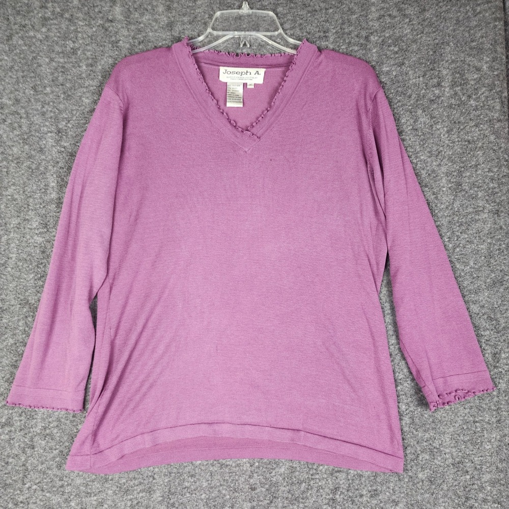 Joseph A. Silk Blend Sweater Women M Purple V-Neck Lettuce Trim Vintage